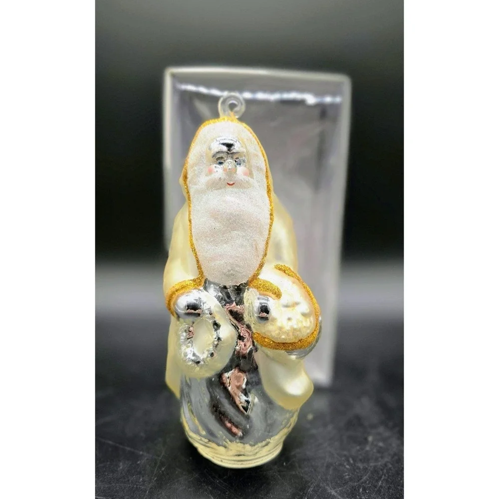Vintage Dept 56 Hand Blown Glass Christmas Ornament Silver Santa #5 Box